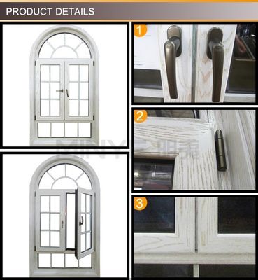 Fenêtre en aluminium revêtue de bois à rayon avec conception de grille 1,4 mm et 14 mm épaisseur de profil